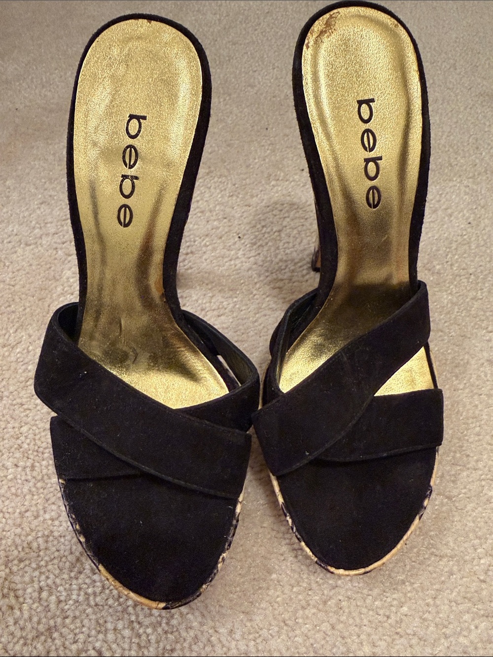 bebe Black Suede Crisscross Open-Toe Heels with Gold Insole